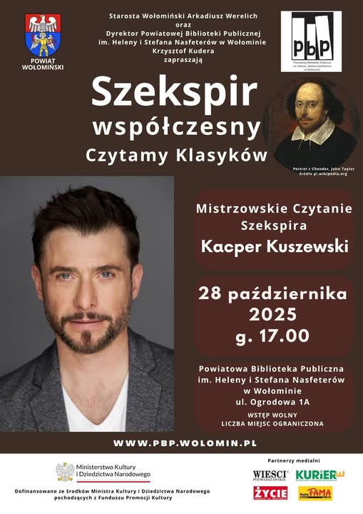 Znany aktor i prezenter telewizyjny, wokalista, znany z roli dubbingowej Luke`a Skywalker`a w filmach z serii „Gwiezdne wojny” Kacper Kuszewski wystąpi w Mistrzowskim Czytaniu Szekspira