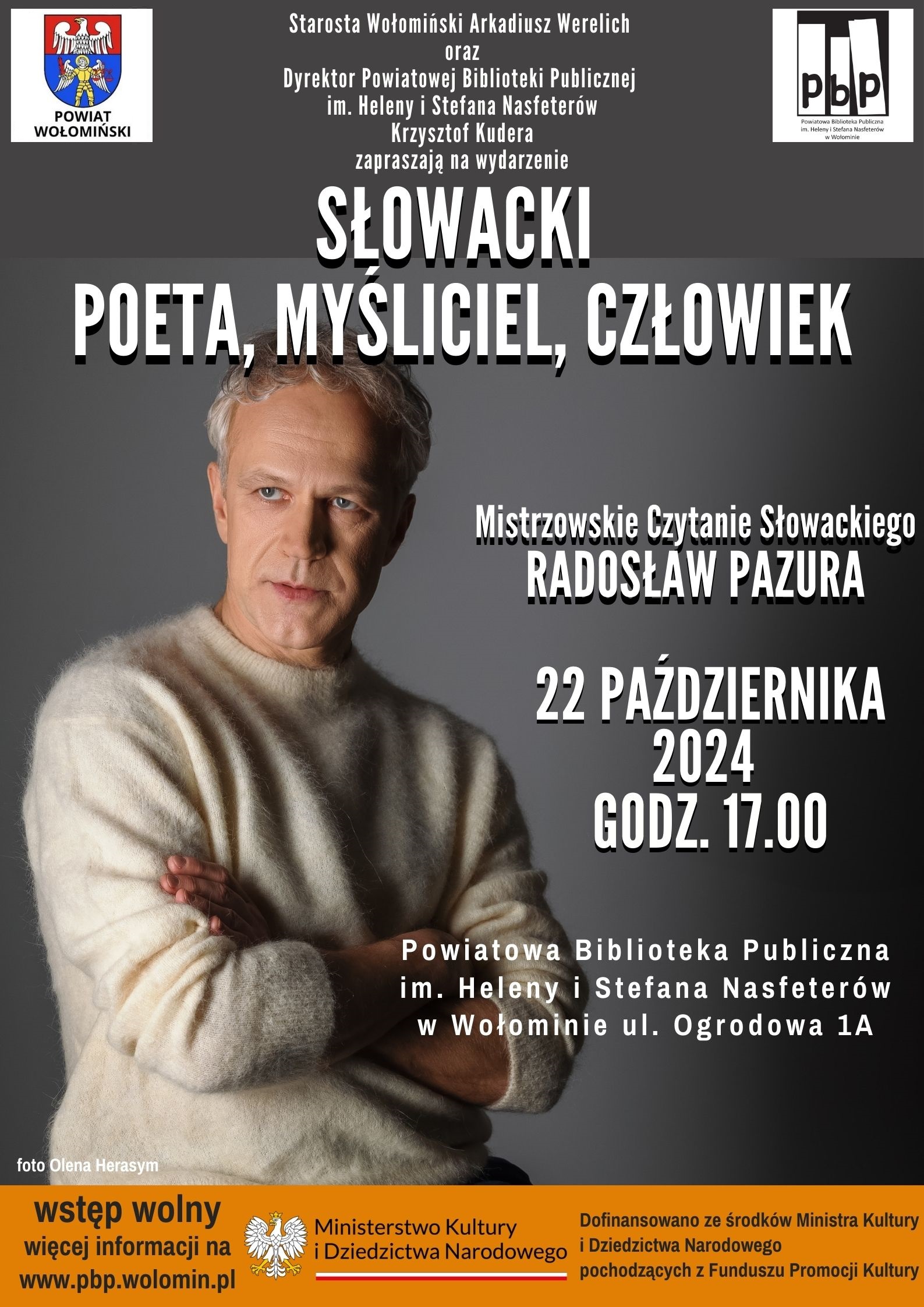 Mistrzowskie Czytanie Słowackiego z wybitnym aktorem Radosławem Pazurą, w dniu 22 października 2024 o g. 17.00.