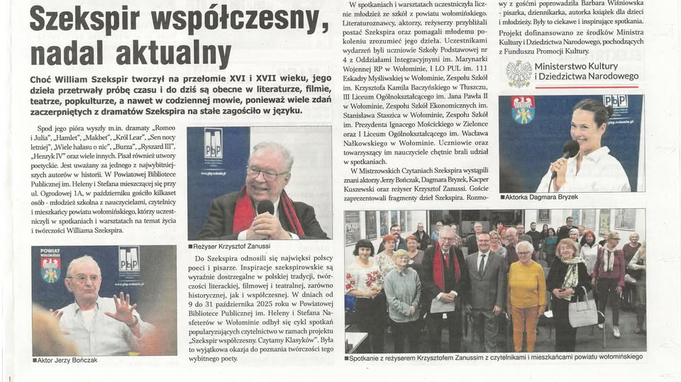 W najnowszym wydaniu Wieści Podwarszawskich nr 48/2025 można przeczytać artykuł o wydarzeniach związanych z projektem „Szekspir współczesny. Czytamy Klasyków”.