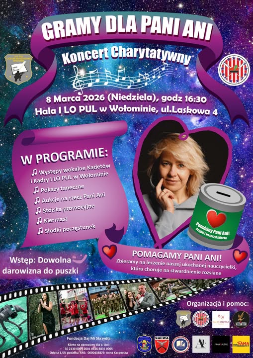 Zachęcamy do uczestnictwa w koncercie charytatywnym w I LO PUL w Wołominie ul. Laskowa 4, w dniu 8 marca 2026 g. 16.30.